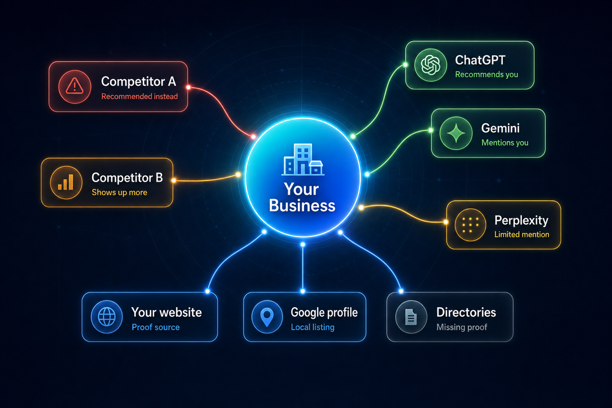 AI visibility map connecting a local business to sources, prompts, and competitors